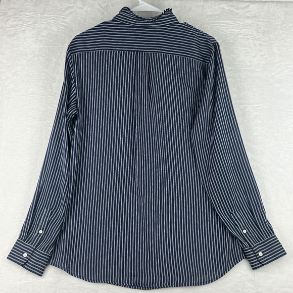 Banana Republic Button Up Blouse Women L Navy Blue White Striped Ruffle Neck - Picture 5 of 9